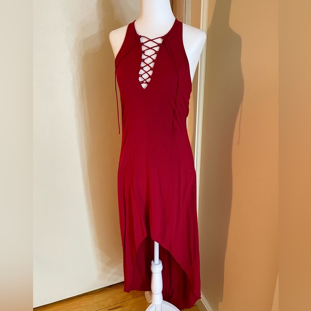 Express High Low Dress Beachy, boho, festival, red lace up front, breezy, XS 54”